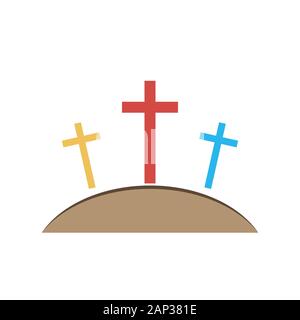 Colored Calvary icon with three crosses on light background. Vector illustration. Calvary sign in flat design. Stock Vector