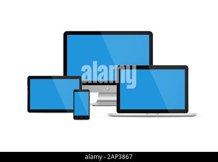 Electronic devices with blue screen. Vector illustration. Set of monitor, tablet pc,smart phone and laptop. Stock Vector