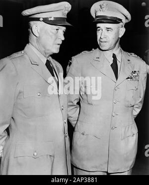 General Dwight D. Eisenhower and General Omar H. Bradley march in Funeral Procession in final Tribute to General of the Armies John J. Pershing (1860-1948), Washington, D.C., USA, photograph by U.S. Army, July, 19, 1948 Stock Photo