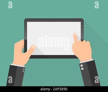 Hands holding digital tablet with blank screen. Vector illustration. Modern tablet PC with touch screen in the hands. Stock Vector