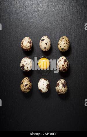 Quail eggs on a black table. Stock Photo
