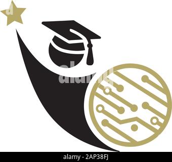 abstract student figure with gold  star and circuit shield Stock Vector