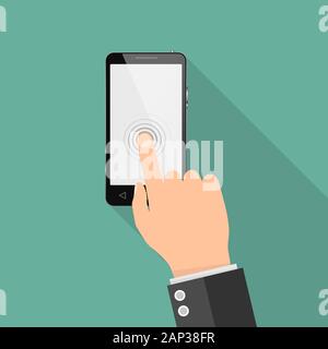 Smart phone with blank screen. Vector illustration. A man touches finger touch screen phone Stock Vector