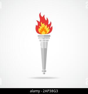Torch icon with a flame in flat design. Vector illustration. Colored torch with shadow on light background. Stock Vector