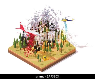 Vector isometric firefighting airplane and helicopter fighting wildfires Stock Vector