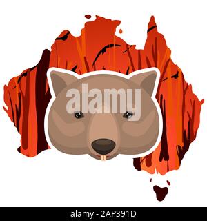 weeping wombat icon on a Australia map outline background with a burning forest. Cartoon vector illustration. Stock Vector
