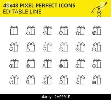 Template Icons of Gift, Surprises boxes and Symbols on them. Includes Bow, Delivery, Ribbon, Search etc. Pixel Perfect 48x48, Scaled Set. Vector. Stock Vector