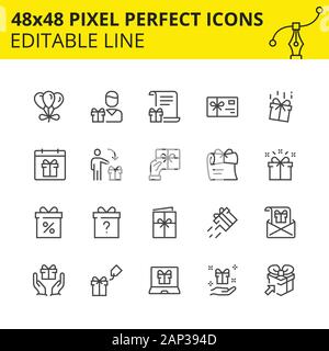 Scaled Icons of Gift and Surprise boxes. Includes Gift card, Air Balloons, Envelope, Postcard etc. Pixel Perfect Editable Set 48x48. Vector. Stock Vector
