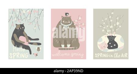 Cartoon set of cute cats with blossom branches Stock Vector