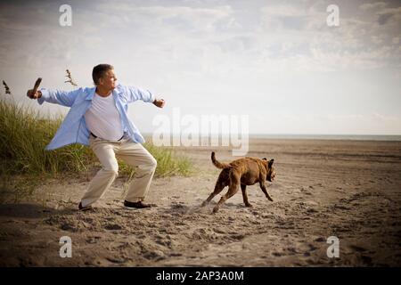 Mature adult man throwing a stick for his dog on a beach. Stock Photo