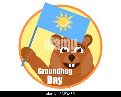 Groundhog Day. Predicts the arrival of spring. Festive banner groundhog with a flag isolated on white background. Vector illustration Stock Vector