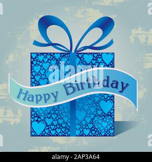 Happy Birthday Gift Box English Text with Heart Pattern and Ribbon in Blue Colors Grunge Vintage Retro Background Stock Vector