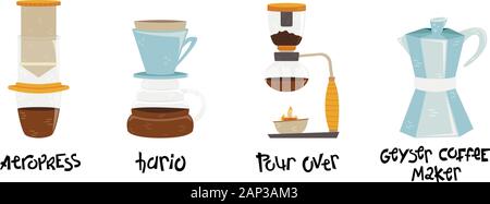 Set of 4 coffee makers for alternative methods of brewing. Coffee culture. Aeropress, hario, pour over, geyser coffee maker. Stock Vector