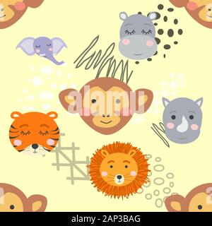 Cartoon cute animal tribal faces. Boho cute animals pattern Stock Vector