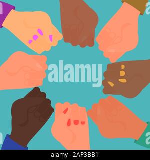 Diversity of human hands holding fists in circle. Blue background. Flat vector illustration Stock Vector