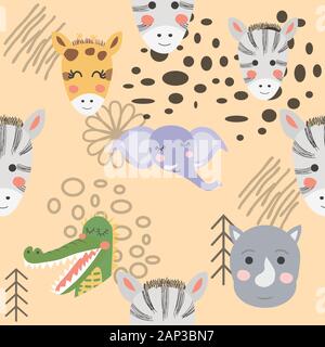 Cartoon cute animal tribal faces. Boho cute animals pattern Stock Vector