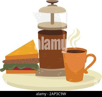 Flat vector french press with a cup of coffee and sandwich. Alternative methods of brewing coffee. Coffee culture. Stock Vector