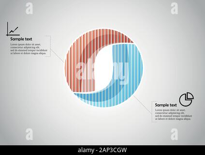 Infographic vector template with shape of circle. Graphic is divided to two color parts filled by patterns. Each section is joined with simple sign. B Stock Vector