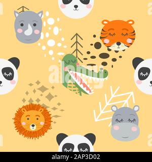 Cartoon cute animal tribal faces. Boho cute animals pattern Stock Vector