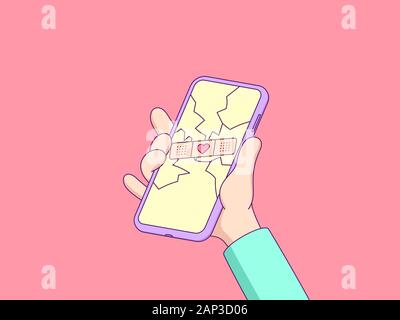 Cartoon hand keeps touchscreen phone with cracked display. Broken screen repaired by patch with heart. Repair service with love, well done. Vector min Stock Vector