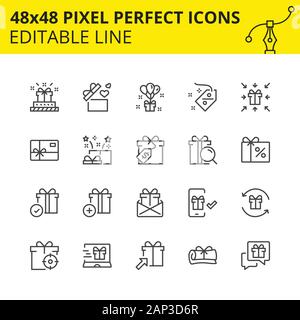 Scaled Icons of Gift boxes, presents and discount. Includes Gift card, label, Ribbon, search etc. Pixel Perfect Editable Set 48x48. Vector. Stock Vector