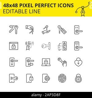 Scaled Icons of Keys, Locks and Security. Includes Fingerprint, Touch lock, Car Keys. Pixel Perfect Editable Set 48x48. Vector. Stock Vector