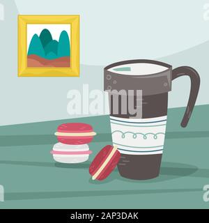 A travel mug with hot coffee and macaroons on the table. Flat vector illustration. Stock Vector