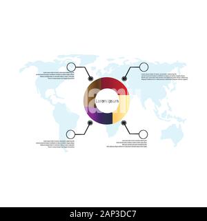 Business infographics - color gradient pie chart - statistics and analytics. Four-part diagram with description and world map Stock Vector