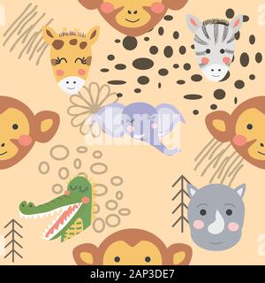Cartoon cute animal tribal faces. Boho cute animals pattern Stock Vector