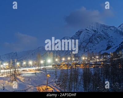 Mountains on the Rose-Khutor in the evening Sochi 01/23/2019 Stock Photo