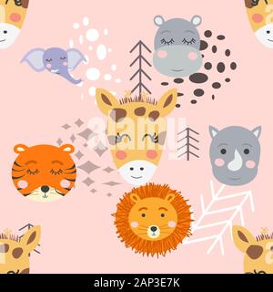 Cartoon cute animal tribal faces. Boho cute animals pattern Stock Vector