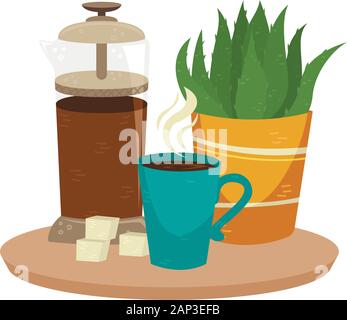 Flat vector french press with a cup of coffee and plant in the pot. Alternative methods of brewing coffee. Coffee culture. Stock Vector