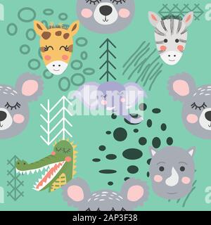 Cartoon cute animal tribal faces. Boho cute animals pattern Stock Vector