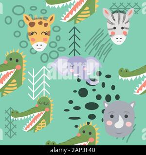 Cartoon cute animal tribal faces. Boho cute animals pattern Stock Vector