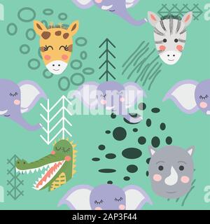 Cartoon cute animal tribal faces. Boho cute animals pattern Stock Vector