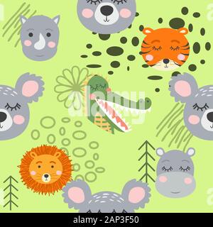 Cartoon cute animal tribal faces. Boho cute animals pattern Stock Vector