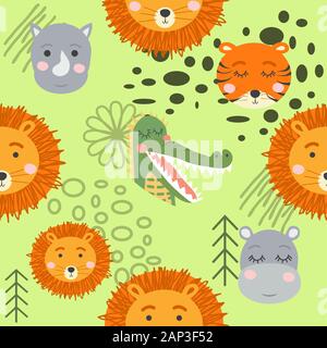 Cartoon cute animal tribal faces. Boho cute animals pattern Stock Vector