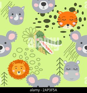 Cartoon cute animal tribal faces. Boho cute animals pattern Stock Vector