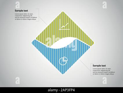 Infographic vector template with shape of square. Graphic is divided to two curved color parts filled by patterns. Each section is joined with simple Stock Vector
