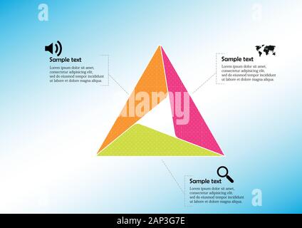 Infographic vector template with shape of triangle. Graphic is divided to three color parts filled by patterns. Each section is joined with simple sig Stock Vector