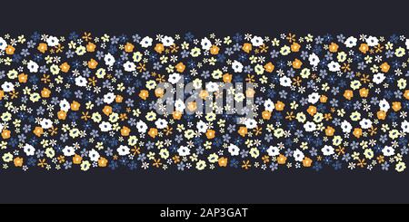 Colorful Artistic Ditsy Allover Graphic Floral Vector Seamless Pattern Border. Simplistic Small Hand Drawn Daisies, Scattered Abstract Blooms on Black Stock Vector