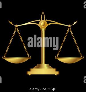 Gold scales justice on black background. vector illustration Stock Vector