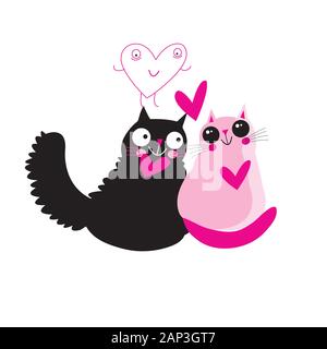 Pink cats in love on a white background with a heart Stock Vector