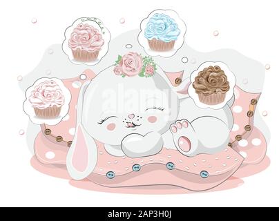 isolated sleepping little bunny. rabbit. hare, in pillow sdream of cupcake. Picture in hand drawing cartoon style, for t-shirt wear print, fashion des Stock Vector