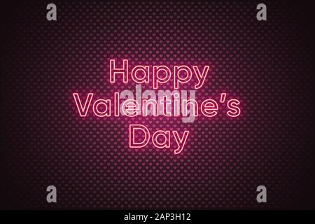 Neon text Happy Valentines Day, pink color. Romantic greeting on the dark background. Festive digital banner and poster, backdrop texture with hearts. Stock Vector