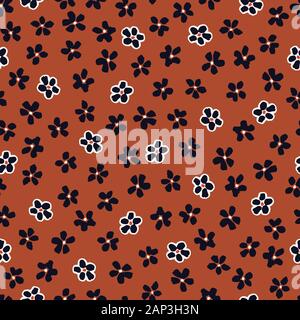 Monochrome outlined graphic abstract daisies floral vector seamless pattern. Simplistic hand drawn white blooms and polka dots on brown background. Re Stock Vector