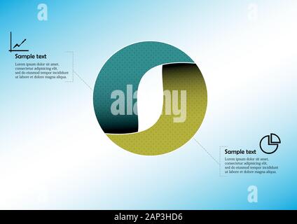 Infographic vector template with shape of circle. Graphic is divided to two color parts filled by patterns. Each section is joined with simple sign. B Stock Vector