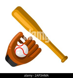 Icon of baseball glove, ball and bat in flat style. Stock Vector