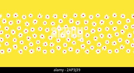 Naive graphic abstract daisies floral vector horizontal seamless pattern border. Simplistic hand drawn white blooms on leon yellow background. Retro m Stock Vector