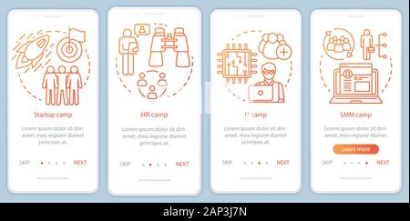Startup, company camps onboarding mobile app page screen vector template. Team building, HR training. Walkthrough website steps with linear illustrati Stock Vector